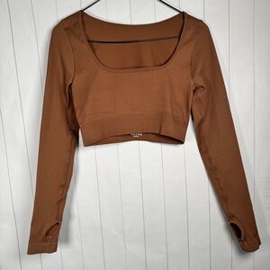 Cropped Sexy Running Top Brown Long Sleeve Nylon/Spandex Activewear Scoop Neck M